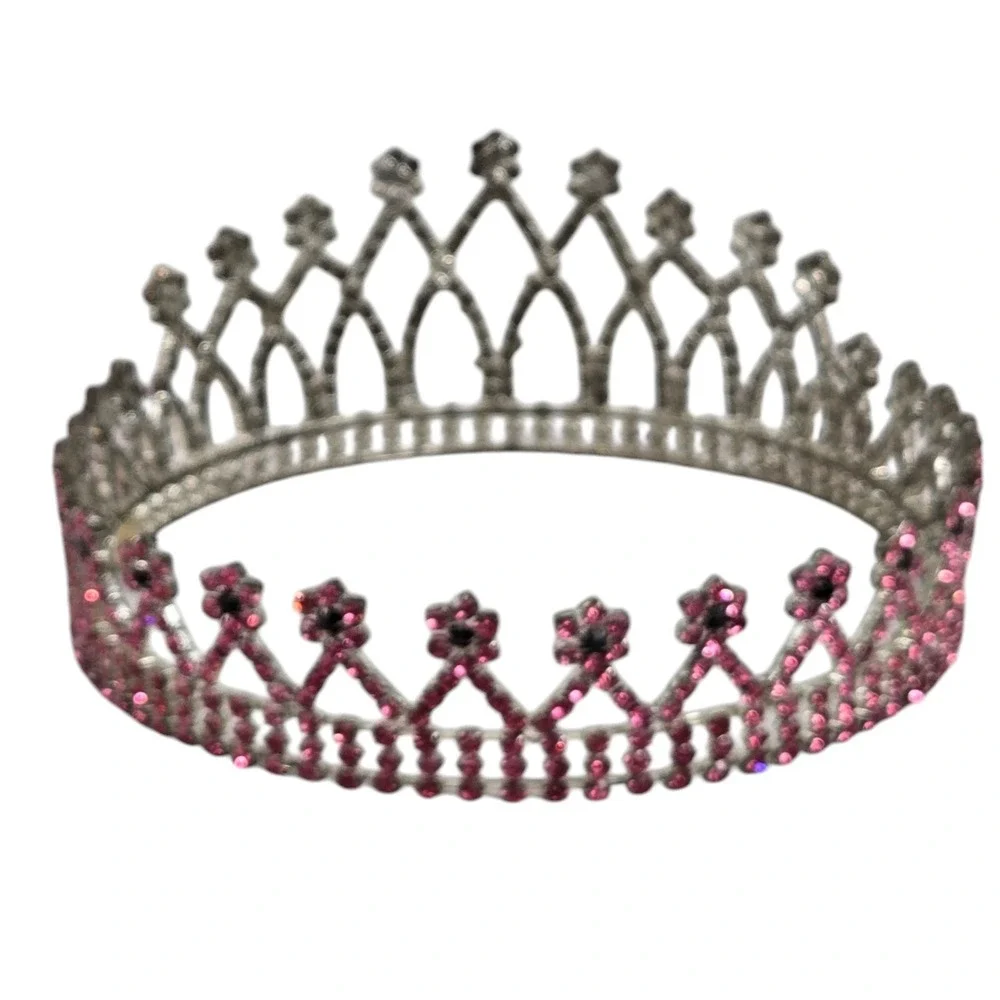 VTG Pink Black Rhinestone Crown Bridal Pageant Princess Cosplay 4 Prong Holders